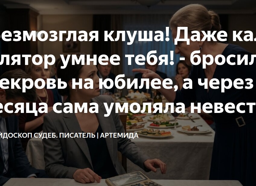 - Безмозглая клуша! Даже калькулятор умнее тебя! - бросила свекровь на юбилее, а через 4 месяца сама умоляла невестку молчать